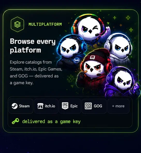 Multiplatform — browse every platform. Explore catalogs from Steam, itch.io, Epic Games, and GOG — delivered as a game key.